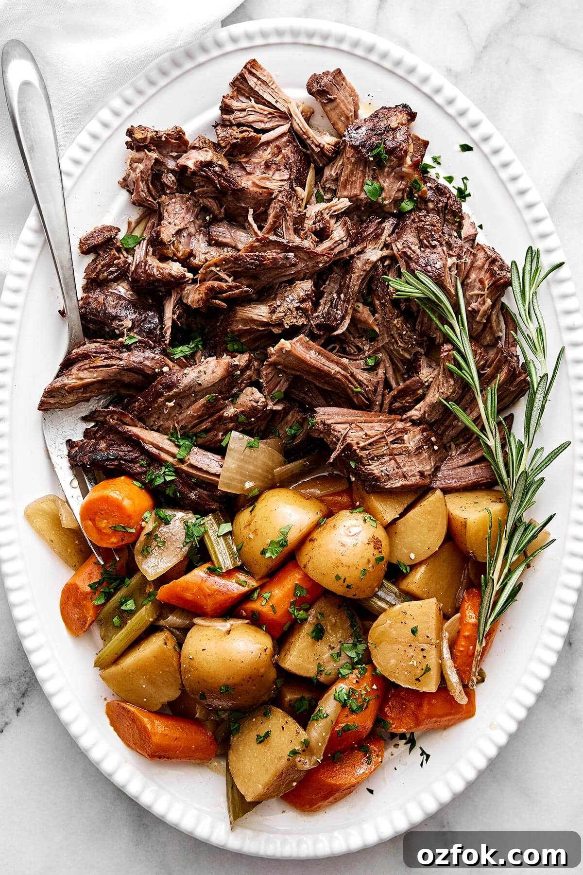 A platter of slow cooker pot roast.