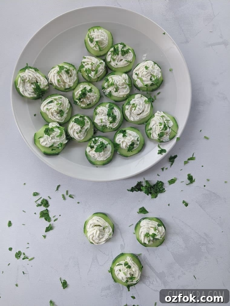 Keto Garlic Cheese Cucumber Bites: Low-Carb Appetizers 7 cucumber slice snacks displayed