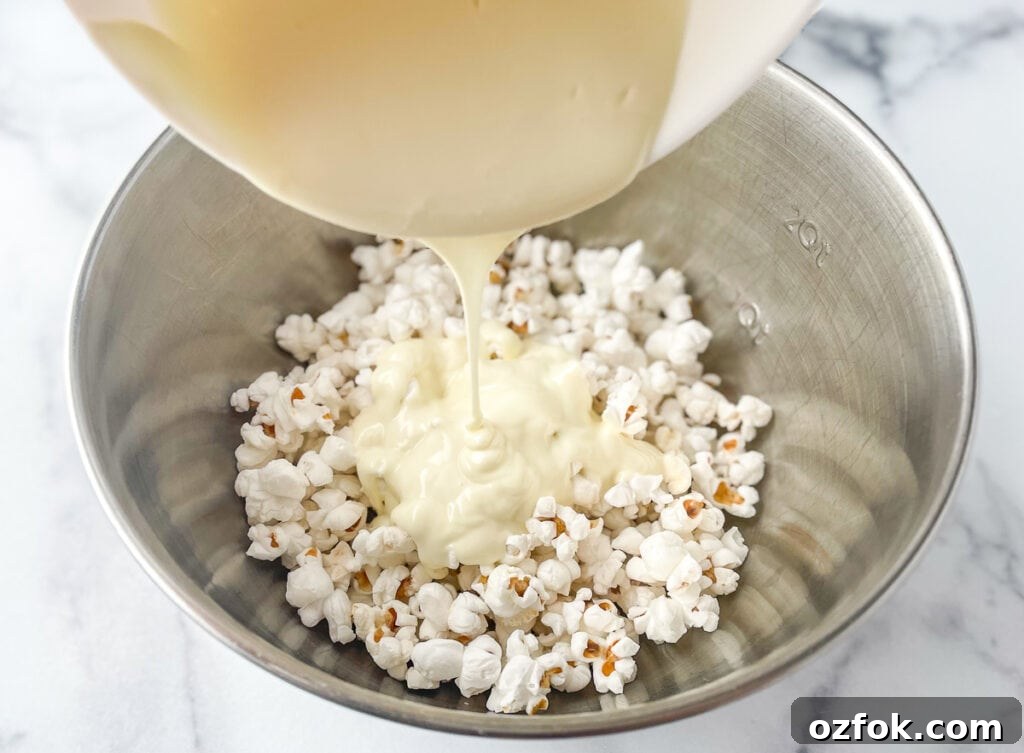 Unicorn Popcorn Recipe for a Magical Party Treat 4 Melted almond bark or white chocolate chips, poured over popped popcorn