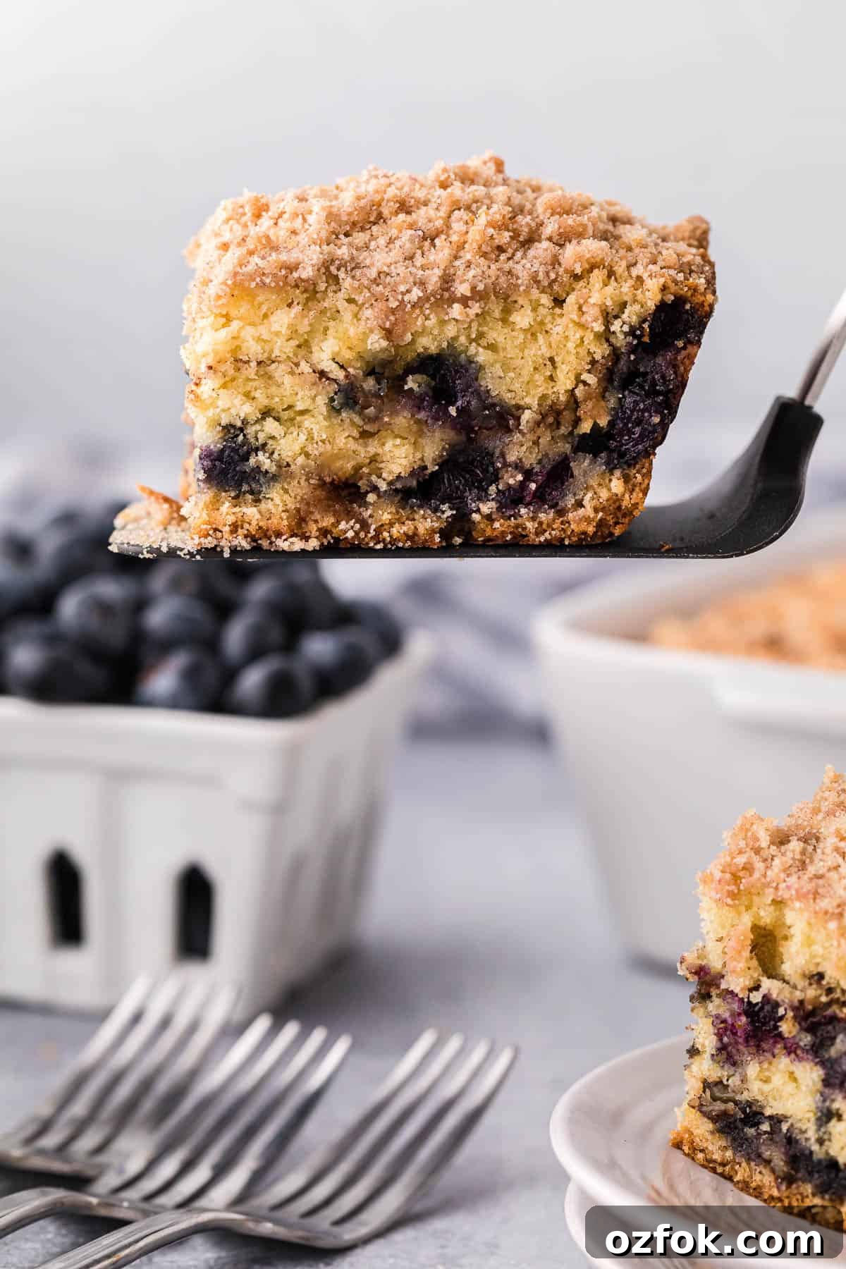 serving of blueberry coffee cake on spatula.