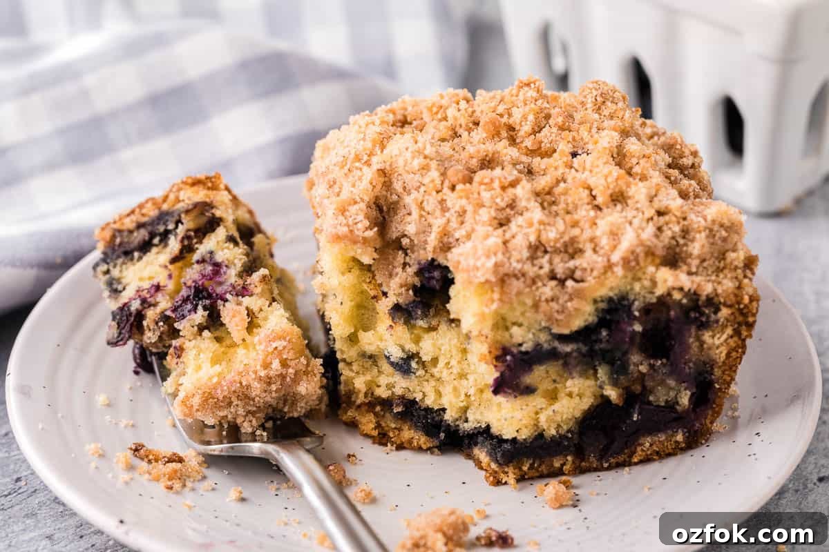 serving of blueberry coffee cake on plate.