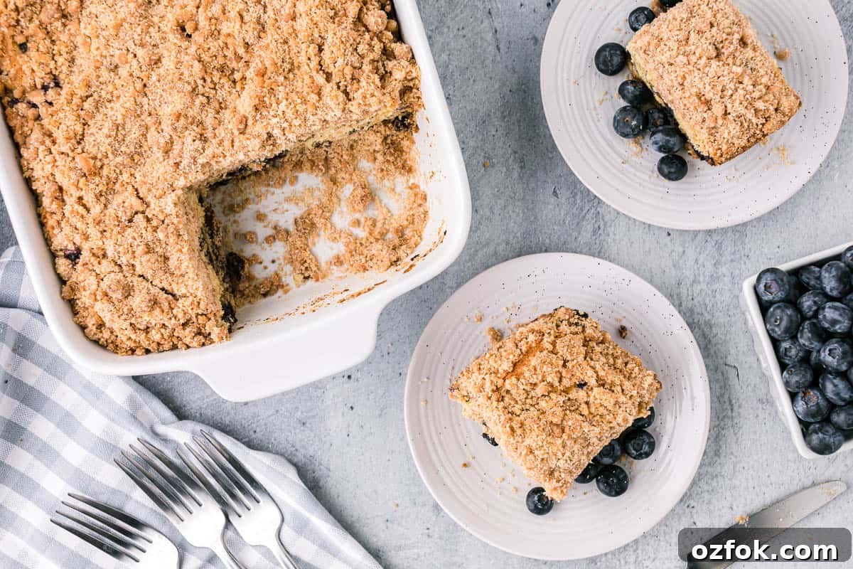 top down view of homemade blueberry coffee cake.