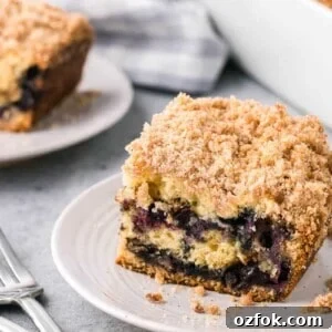 slice of blueberry coffee cake on plate.