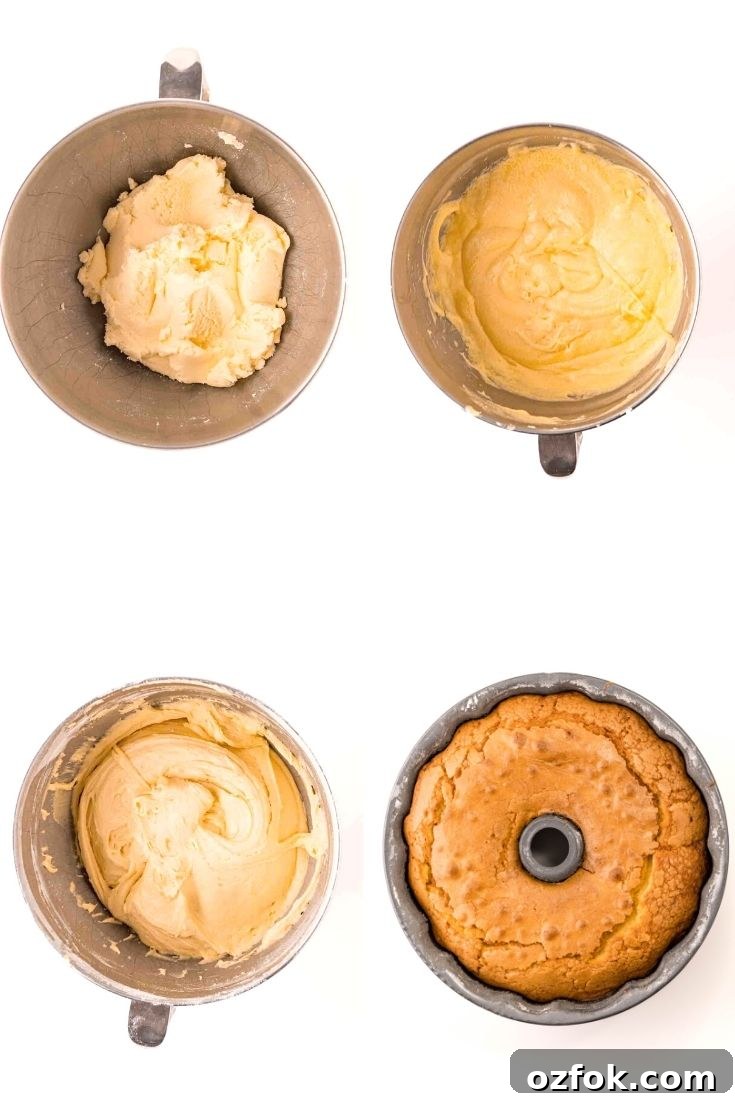 Step-by-step photo collage showing how to make eggnog pound cake.