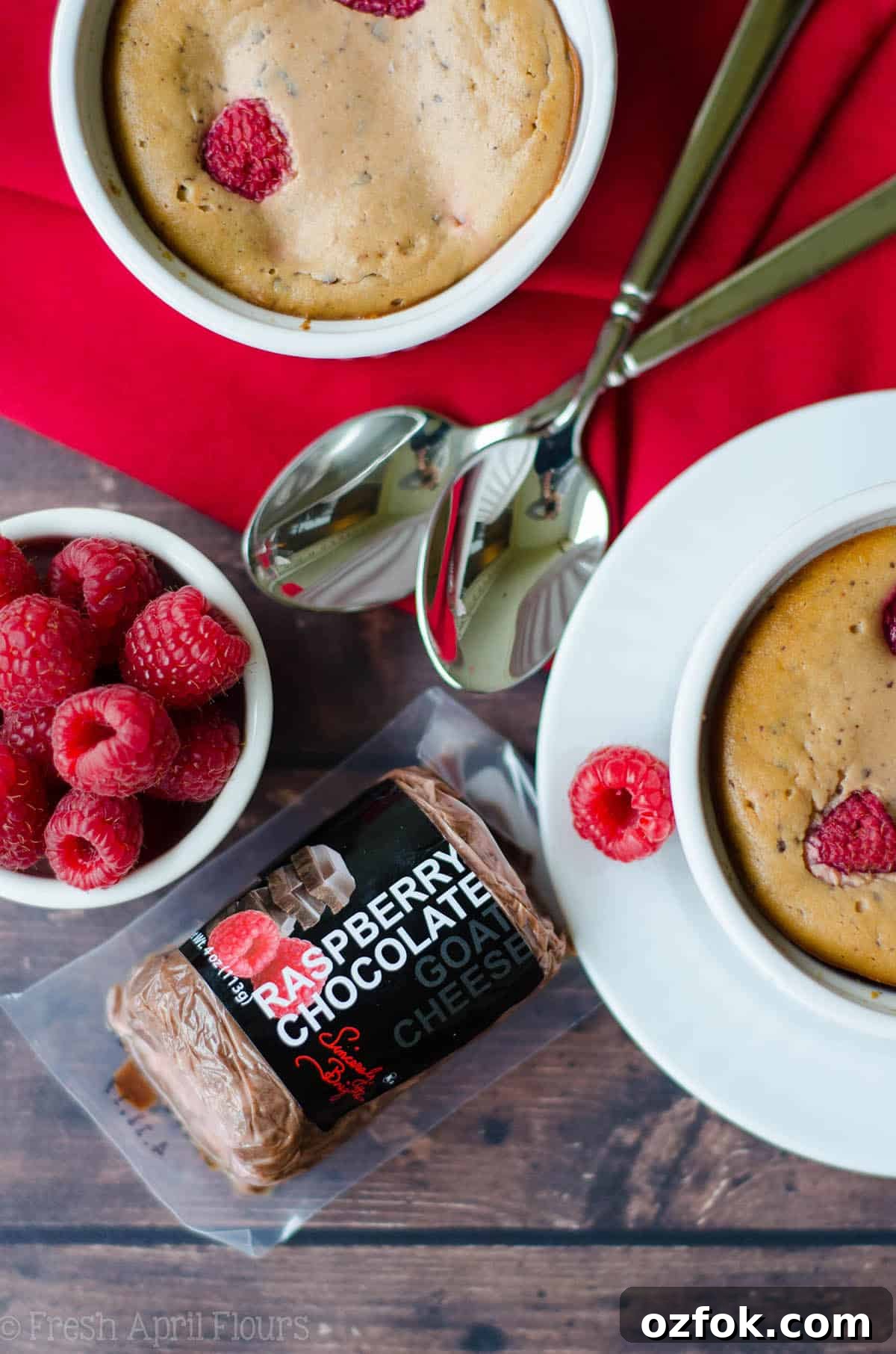 Chocolate Raspberry Goat Cheese Mini Cheesecakes for Two 3 Chocolate Raspberry Goat Cheese Cheesecakes (For 2): Simple, personal sized, gluten free cheesecakes made with chocolate raspberry goat cheese and fresh raspberries.