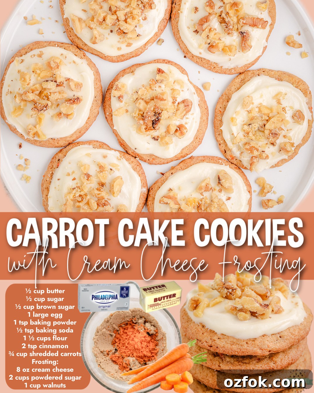 Soft Carrot Cake Cookies with Cream Cheese Frosting 7 Carrot Cake Cookies made from scratch with butter, sugar, egg, shredded carrots & cinnamon, then topped with cream cheese frosting and walnuts! Perfect for Easter!