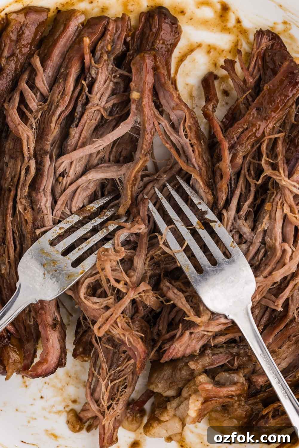 Close up image of Slow Cooker Mongolian Beef being shredded with 2 forks