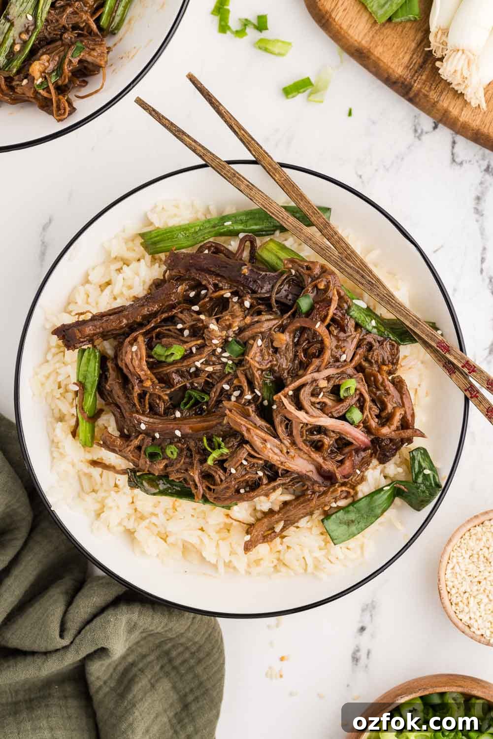 Rice and shredded Mongolian beef, garnished with freshly sliced green served on a bed of rice