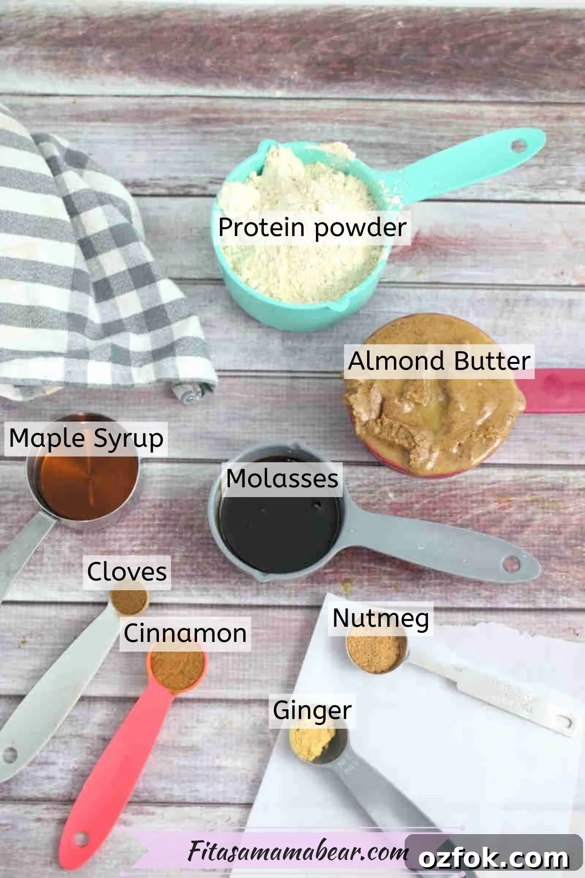 5-Minute Gingerbread Protein Bars Recipe for Quick Snacks 3 Ingredients to make gluten-free protein bars in measuring cups with text labels over them.