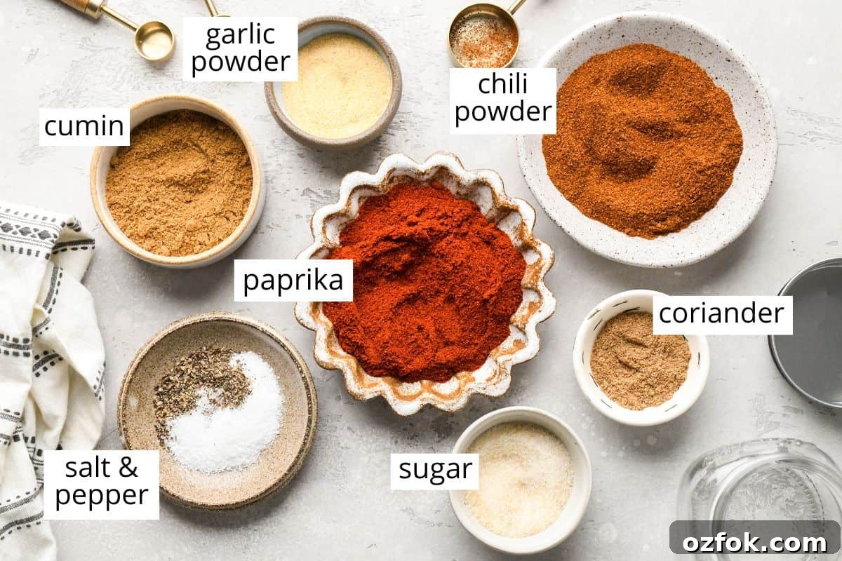 Homemade Chili Seasoning Blend for Bold, Authentic Flavor 4 overhead photo of the labeled ingredients in this Homemade Chili Seasoning Recipe