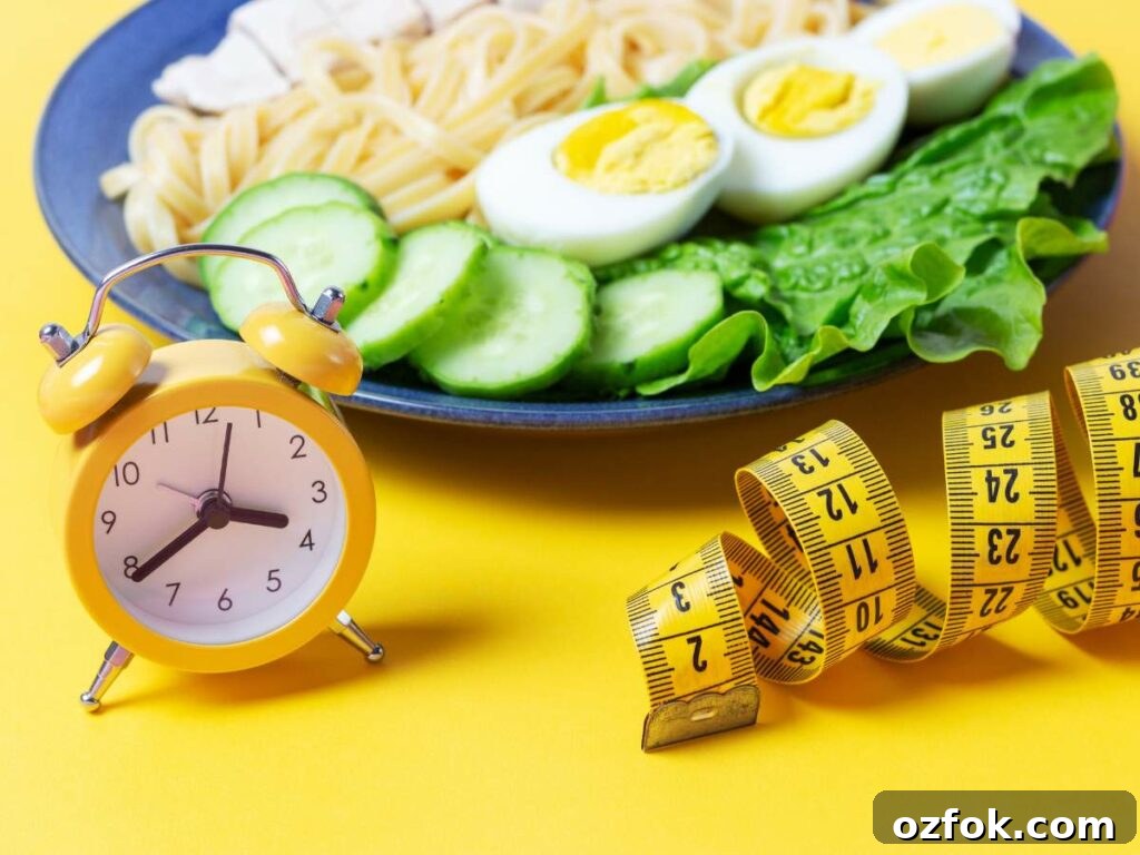 A plate with noodles and an alarm clock on a yellow background.