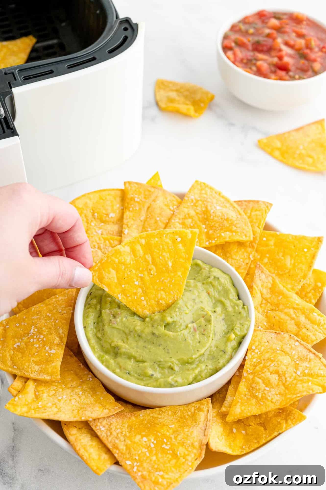 Crispy Air Fryer Tortilla Chips Recipe for Perfect Crunch 10 Chip being dipped in guacamole.