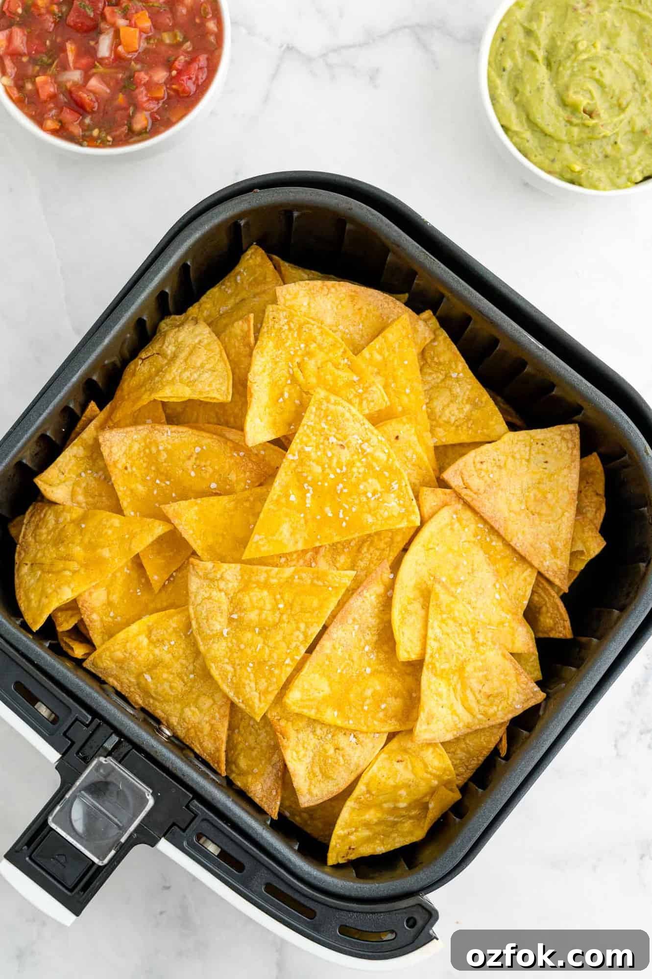 Crispy Air Fryer Tortilla Chips Recipe for Perfect Crunch 3 Corn tortilla chips in an air fryer basket.