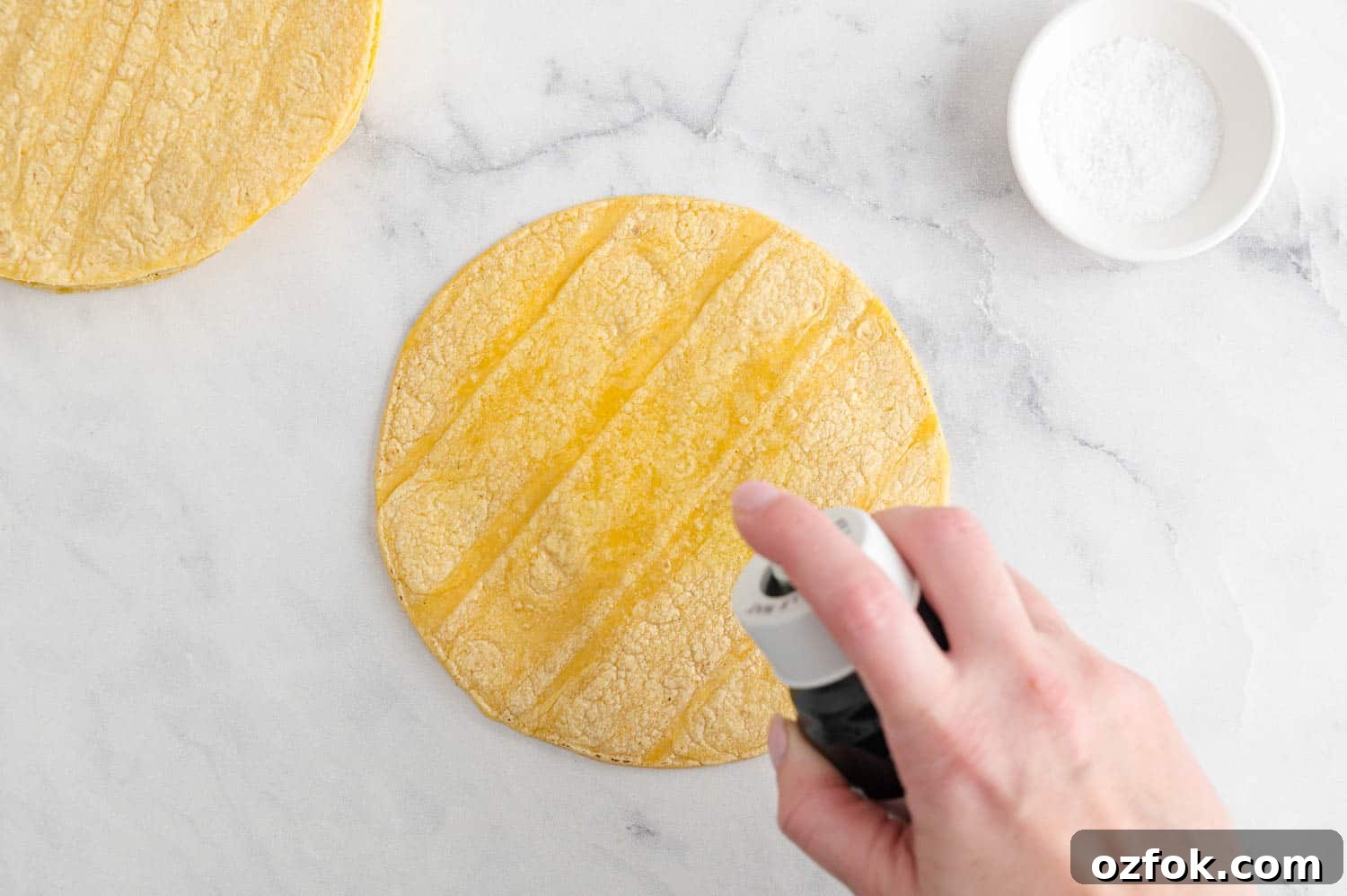 Crispy Air Fryer Tortilla Chips Recipe for Perfect Crunch 6 Oil being sprayed on a tortilla.