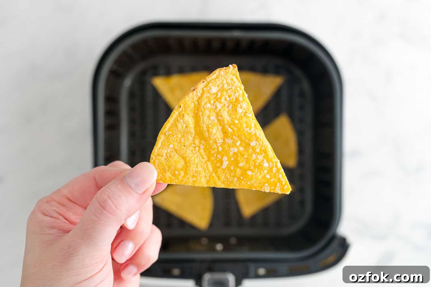 Crispy Air Fryer Tortilla Chips Recipe for Perfect Crunch 9 Crispy chip being held in a hand.