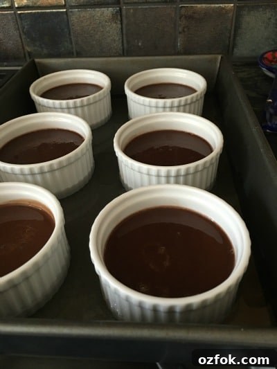 Dark Chocolate Gluten-Free Custard (with Dairy-Free Option) 6 6 chocolate custard desserts in a hot water bath, ready for baking.
