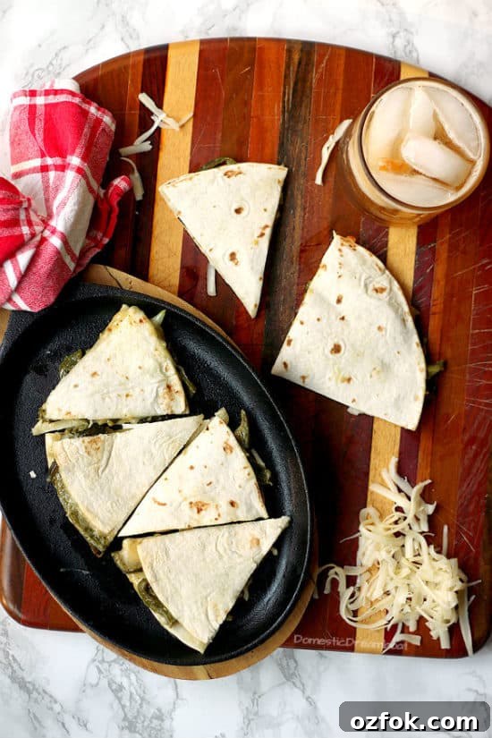 Rajas con Crema Quesadillas — Mexican Poblano Pepper and Cream Quesadillas 3 Rajas con Crema Quesadilla - Domestic Dreamboat #vegetarian #meatless #glutenfree