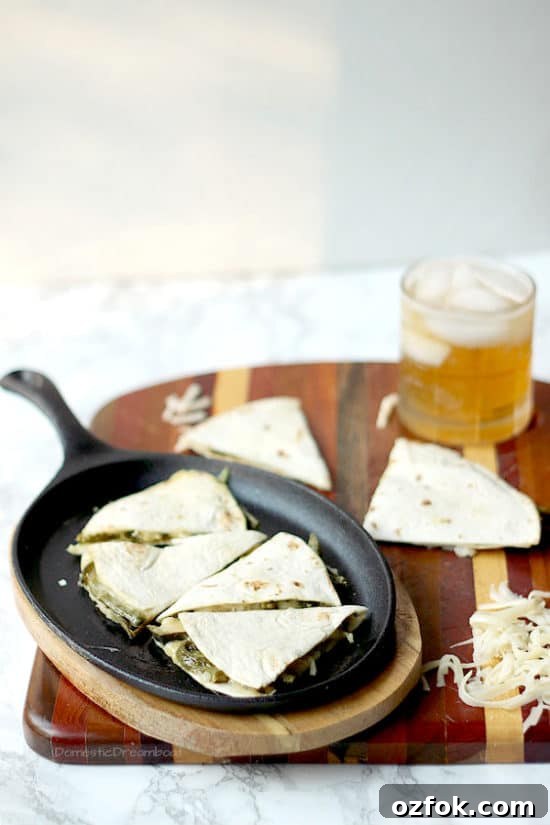 Rajas con Crema Quesadillas — Mexican Poblano Pepper and Cream Quesadillas 4 Rajas con Crema Quesadilla - Domestic Dreamboat #vegetarian #meatless #glutenfree