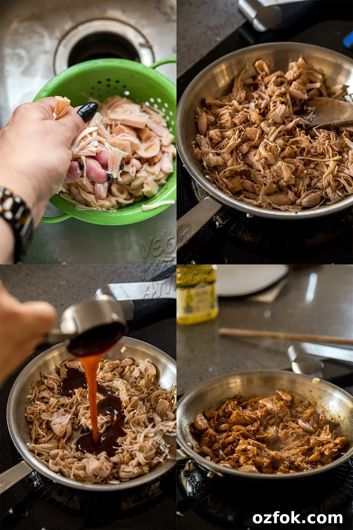 Vegan BBQ Ranch Fries — Perfect Party Appetizer 6 Image collage of making bbq jackfruit on the stove