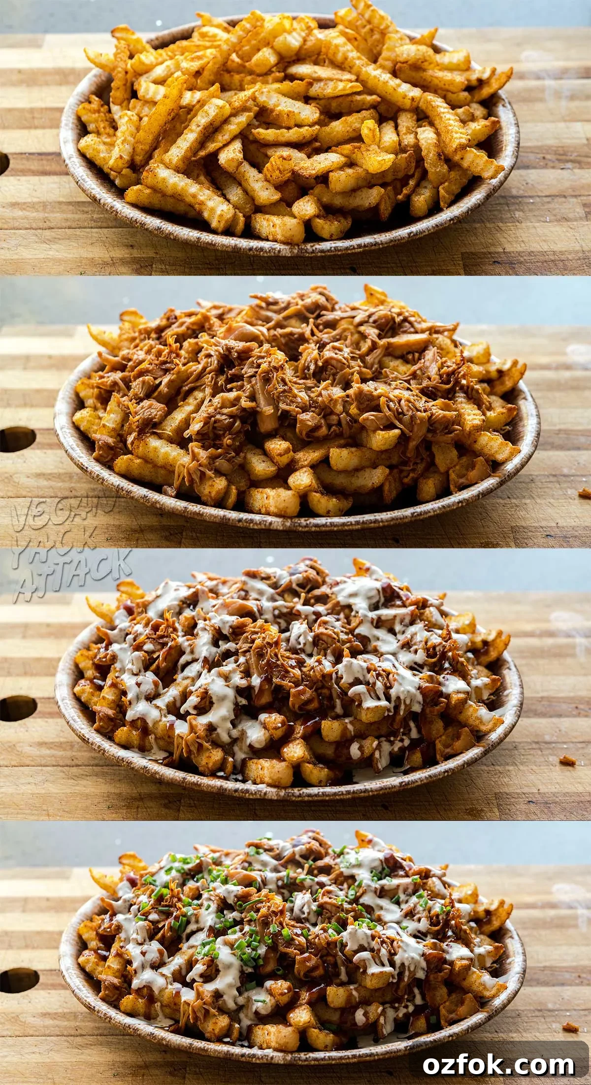 Vegan BBQ Ranch Fries — Perfect Party Appetizer 7 Image collage of steps to assemble BBQ fries