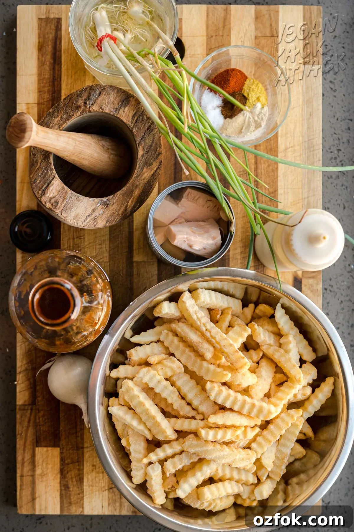 Vegan BBQ Ranch Fries — Perfect Party Appetizer 3 ingredients in bowls on a cutting board
