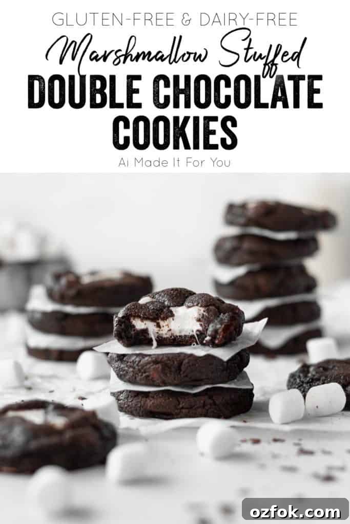 Gluten-Free Chocolate Cookies Stuffed with Gooey Marshmallows 8 Marshmallow stuffed double chocolate cookies stacked