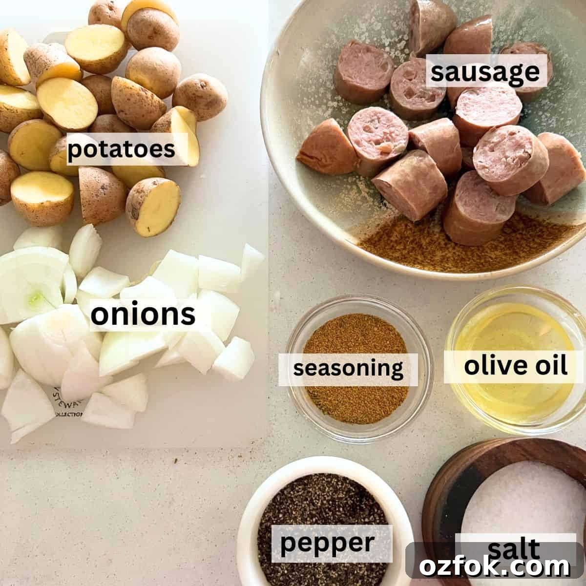 Smoked Sausage and Potatoes Skillet Recipe for Dinner 3 Ingredients needed for sausage and potatoes.
