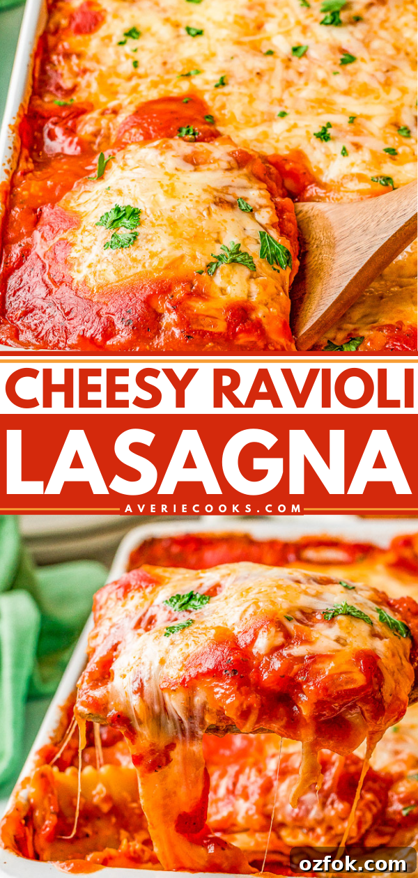 Cheesy Ravioli Lasagna Recipe: Layered Baked Pasta with Marinara 11 Cheesy Ravioli Lasagna Pinterest image.