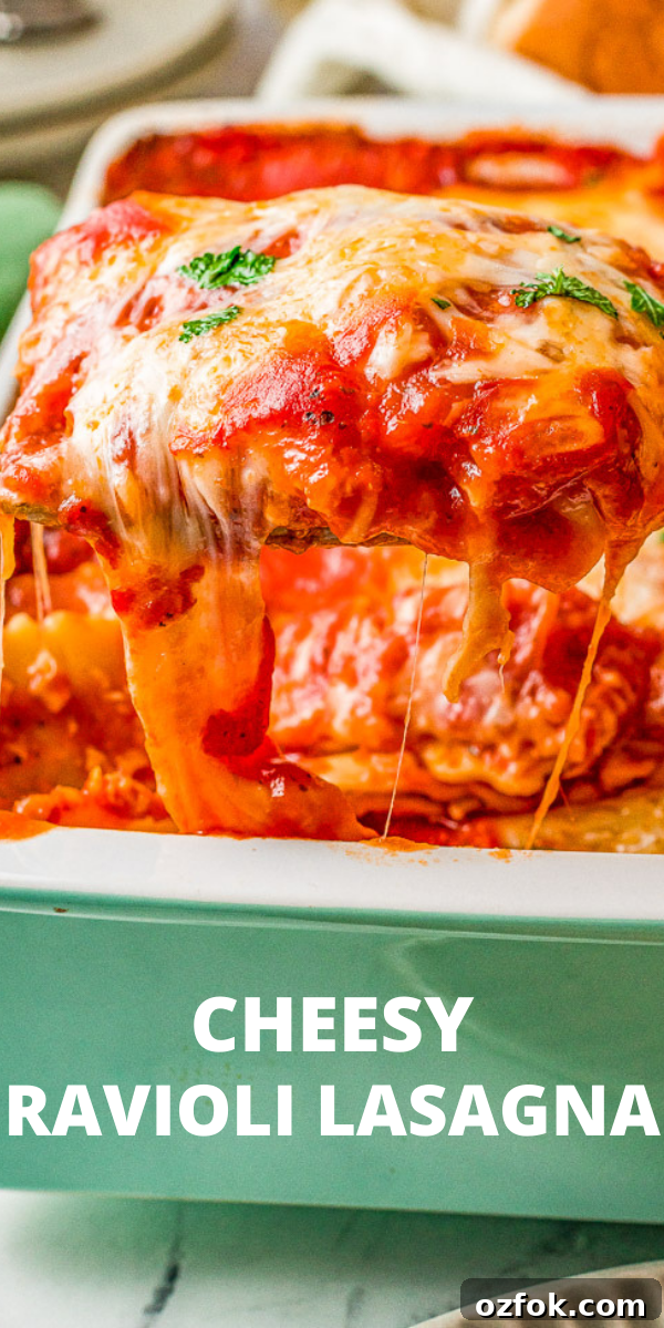 Cheesy Ravioli Lasagna Recipe: Layered Baked Pasta with Marinara 12 Cheesy Ravioli Lasagna Pinterest image.