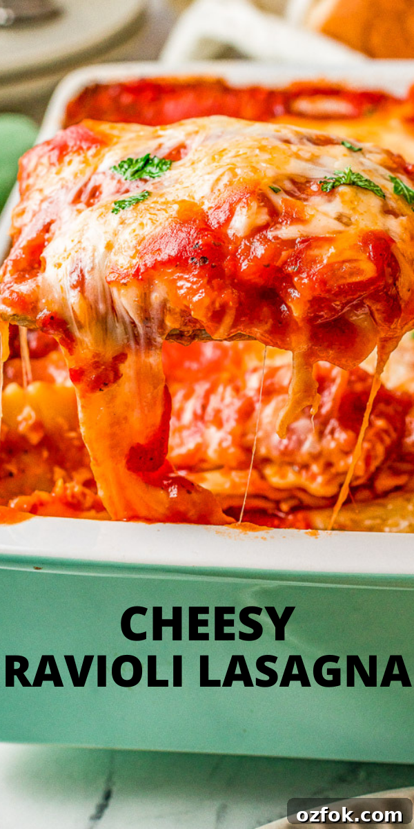 Cheesy Ravioli Lasagna Recipe: Layered Baked Pasta with Marinara 13 Cheesy Ravioli Lasagna Pinterest image.