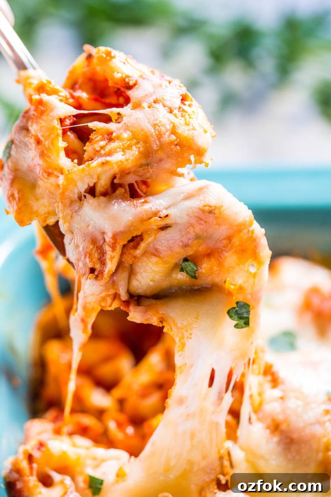 Cheesy Ravioli Lasagna Recipe: Layered Baked Pasta with Marinara 19 A spoon lifting a scoop of cheesy tortellini bake from a baking dish.