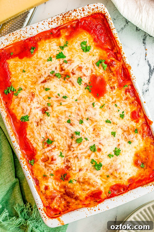 Cheesy Ravioli Lasagna Recipe: Layered Baked Pasta with Marinara 4 Baked lasagna in a rectangular dish, topped with melted cheese and garnished with parsley.