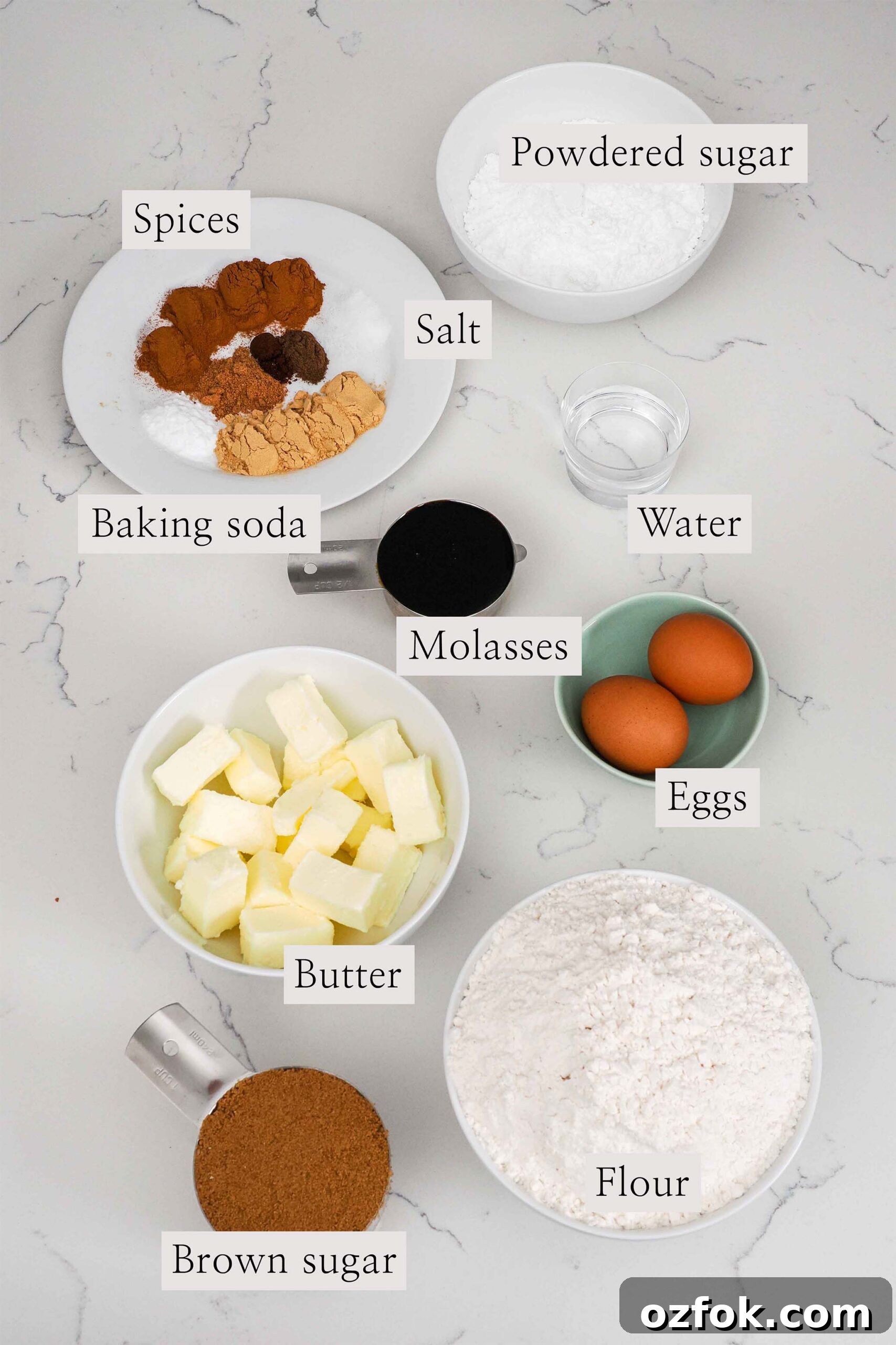 Ingredients needed to make no-chill gingerbread cookies.