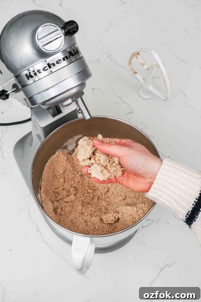Dry ingredients for gingerbread mixed with butter until crumbly in a mixer bowl.