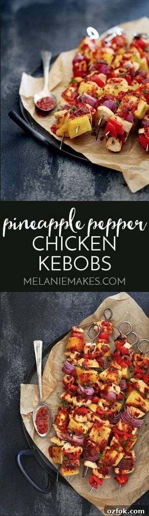 Pineapple Pepper Chicken Kebabs: Grilled Sweet-and-Spicy Skewers 2 A three ingredient marinade is the key to these easy, oven baked Pineapple Pepper Chicken Kebobs that are loaded with chicken, bell peppers, red onions and pineapple.