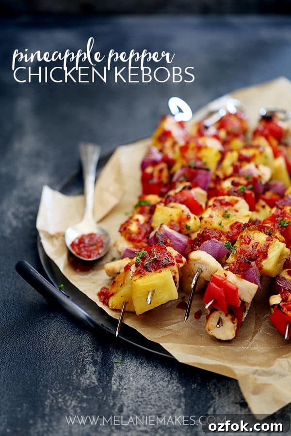 Pineapple Pepper Chicken Kebabs: Grilled Sweet-and-Spicy Skewers 3 A three ingredient marinade is the key to these easy, oven baked Pineapple Pepper Chicken Kebobs that are loaded with chicken, bell peppers, red onions and pineapple.
