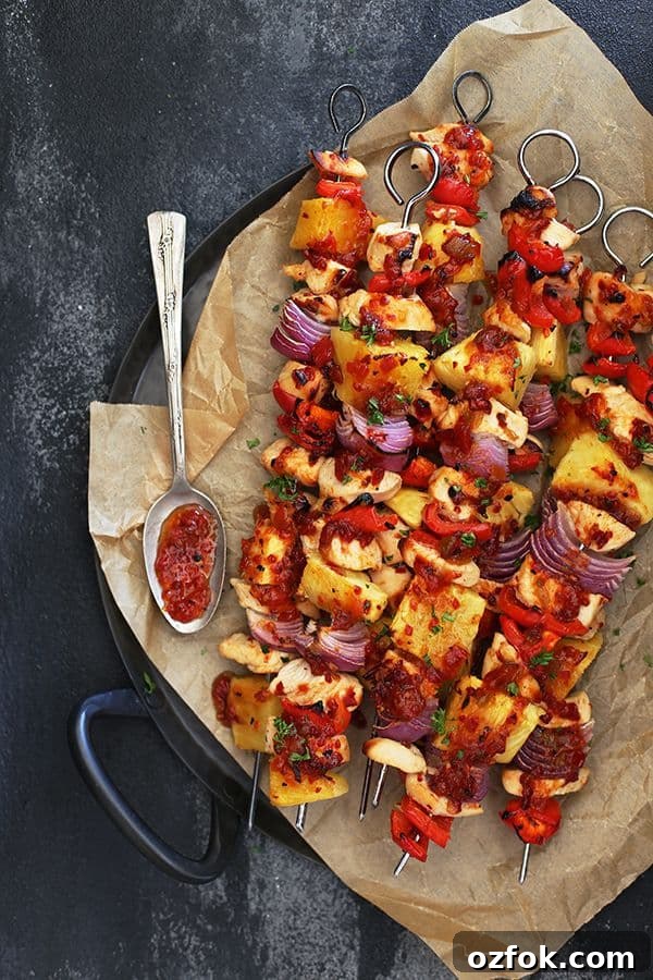 Pineapple Pepper Chicken Kebabs: Grilled Sweet-and-Spicy Skewers 5 A three ingredient marinade is the key to these easy, oven baked Pineapple Pepper Chicken Kebobs that are loaded with chicken, bell peppers, red onions and pineapple.