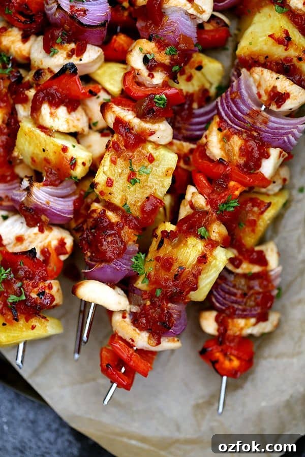 Pineapple Pepper Chicken Kebabs: Grilled Sweet-and-Spicy Skewers 8 A three ingredient marinade is the key to these easy, oven baked Pineapple Pepper Chicken Kebobs that are loaded with chicken, bell peppers, red onions and pineapple.