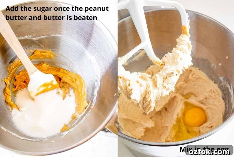 White Chocolate Peanut Butter Cookie Recipe for Chewy Cookies 4 Two image collage showing the cookie dough being mixed together.