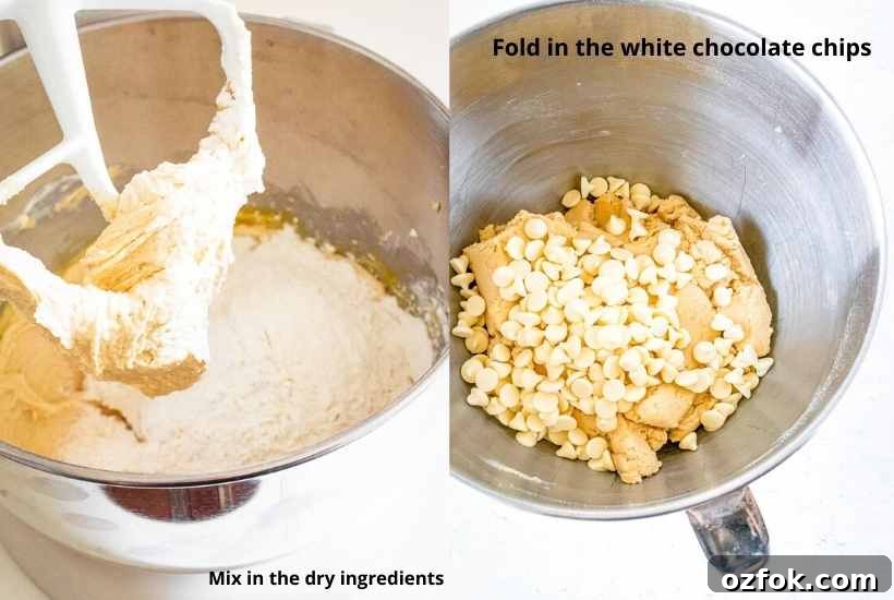White Chocolate Peanut Butter Cookie Recipe for Chewy Cookies 5 Two image collage with the dry ingredients being added in along with the white chocolate chips.