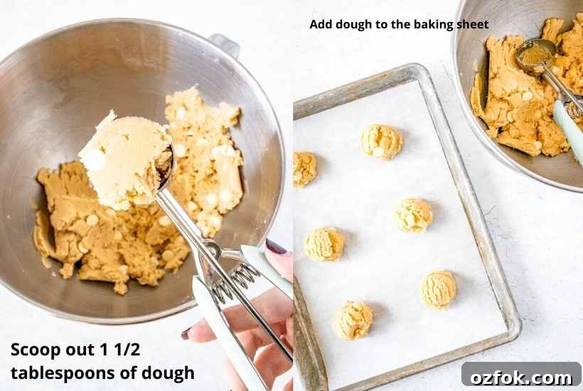 White Chocolate Peanut Butter Cookie Recipe for Chewy Cookies 6 Two image collage of scooping out the peanut butter cookie dough and putting it on a baking sheet.
