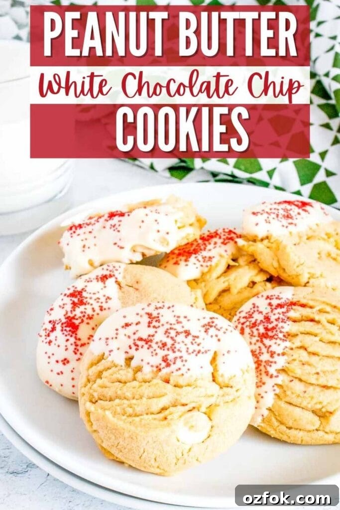 White Chocolate Peanut Butter Cookie Recipe for Chewy Cookies 8 A plate filled with White Chocolate Peanut Butter Cookies next to a glass of milk with text overlay.