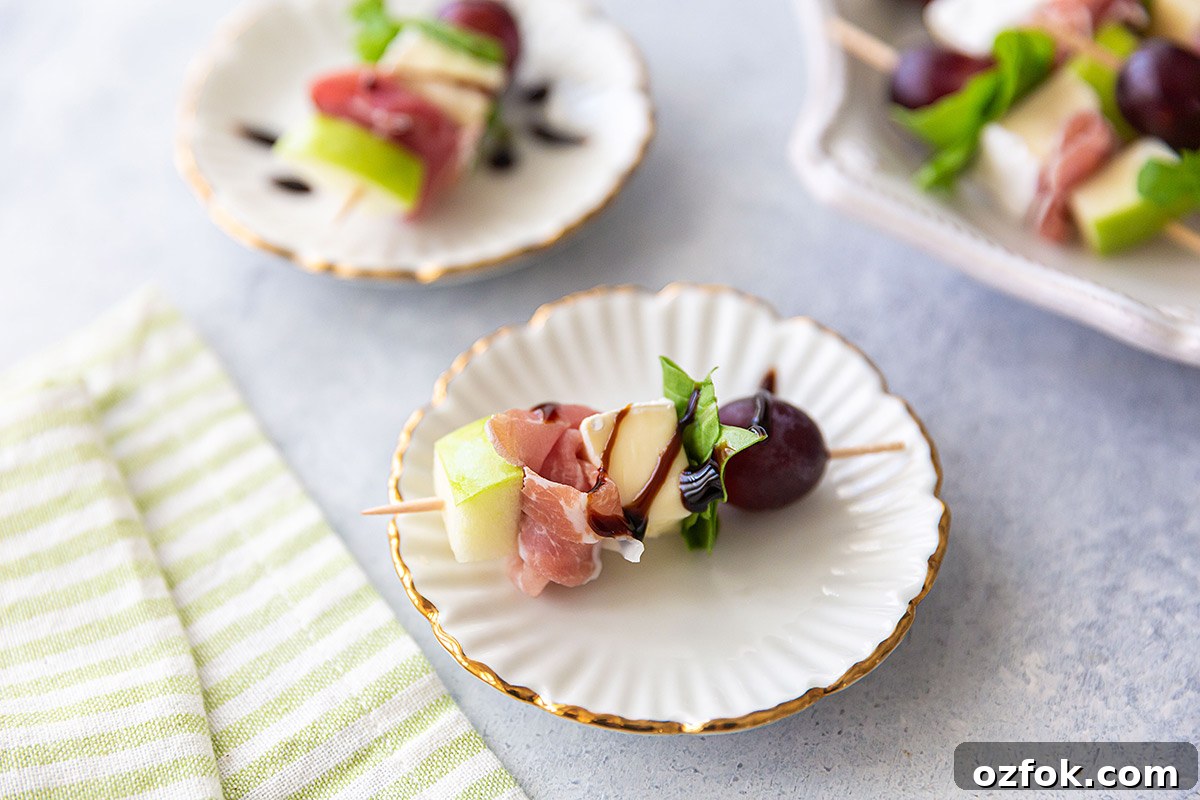 Brie and Prosciutto Fruit Skewers: Elegant Party Appetizer 4 brie and prosciutto skewers with apple and grape