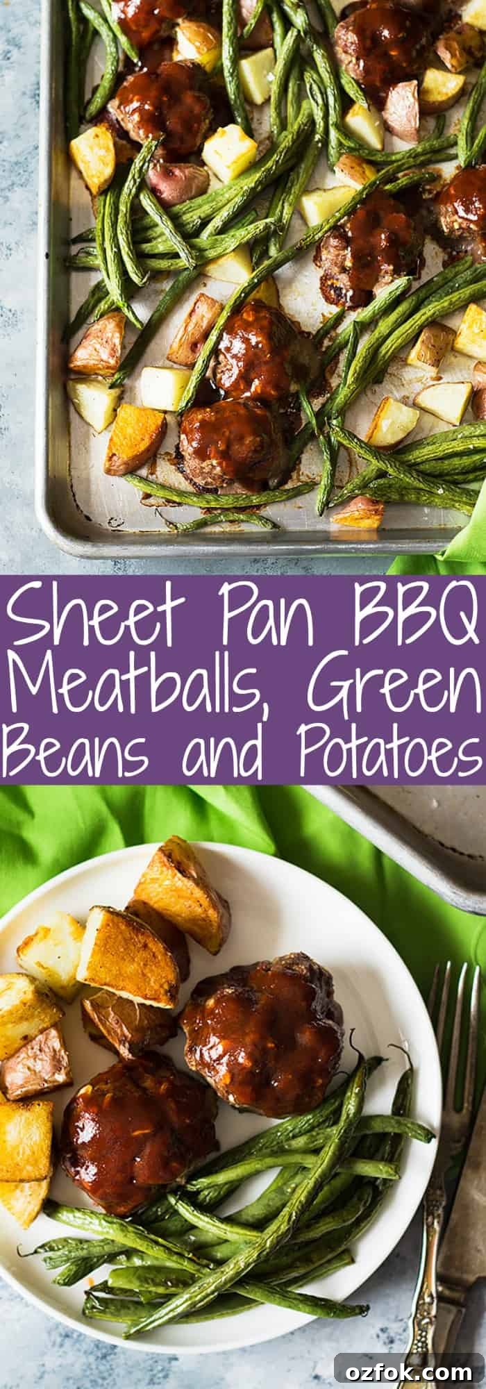 Sheet Pan BBQ Meatballs with Green Beans and Potatoes 6 bbq meatballs, green beans, and potatoes roasting on a sheet pan