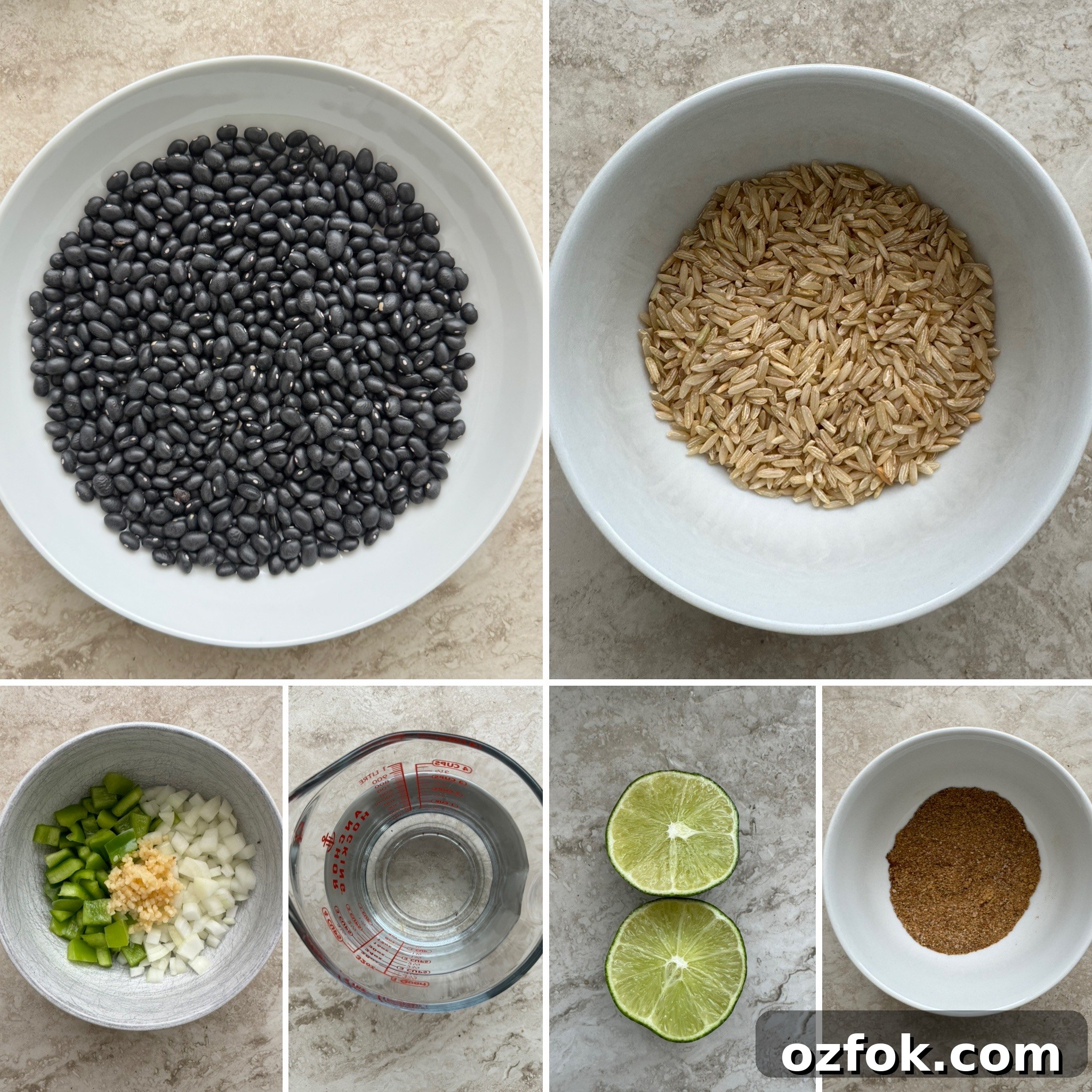 collage of ingredients for mexican black beans and rice