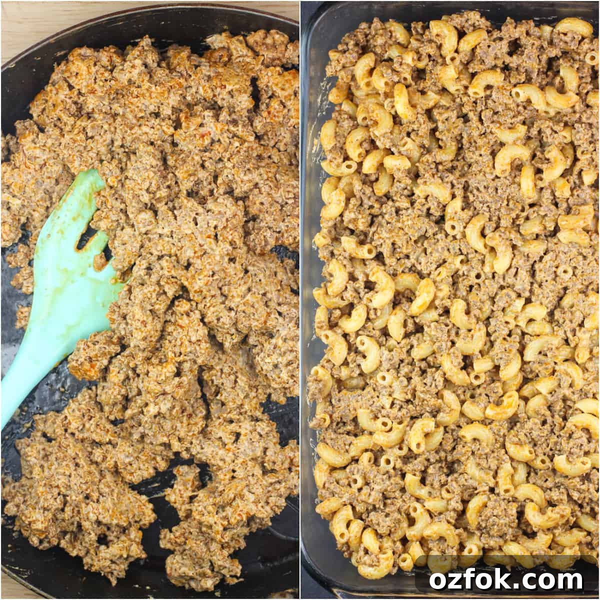 Taco Beef and Macaroni Casserole: Cheesy One-Pan Dinner 4 collage of 2 photos: left, beff-cream cheese mixture in skillet; right, beef and macaroni layer in back dish
