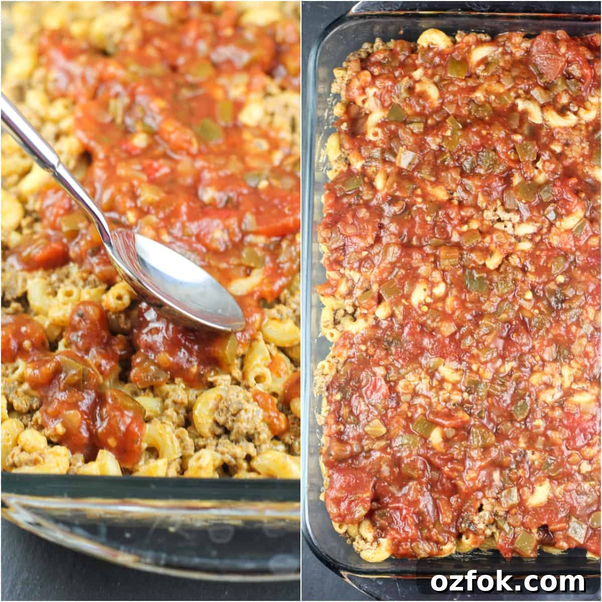 Taco Beef and Macaroni Casserole: Cheesy One-Pan Dinner 5 collage of 2 photos: left, spoon spreading salsa on macaroni-beef; right; salsa topped casserole