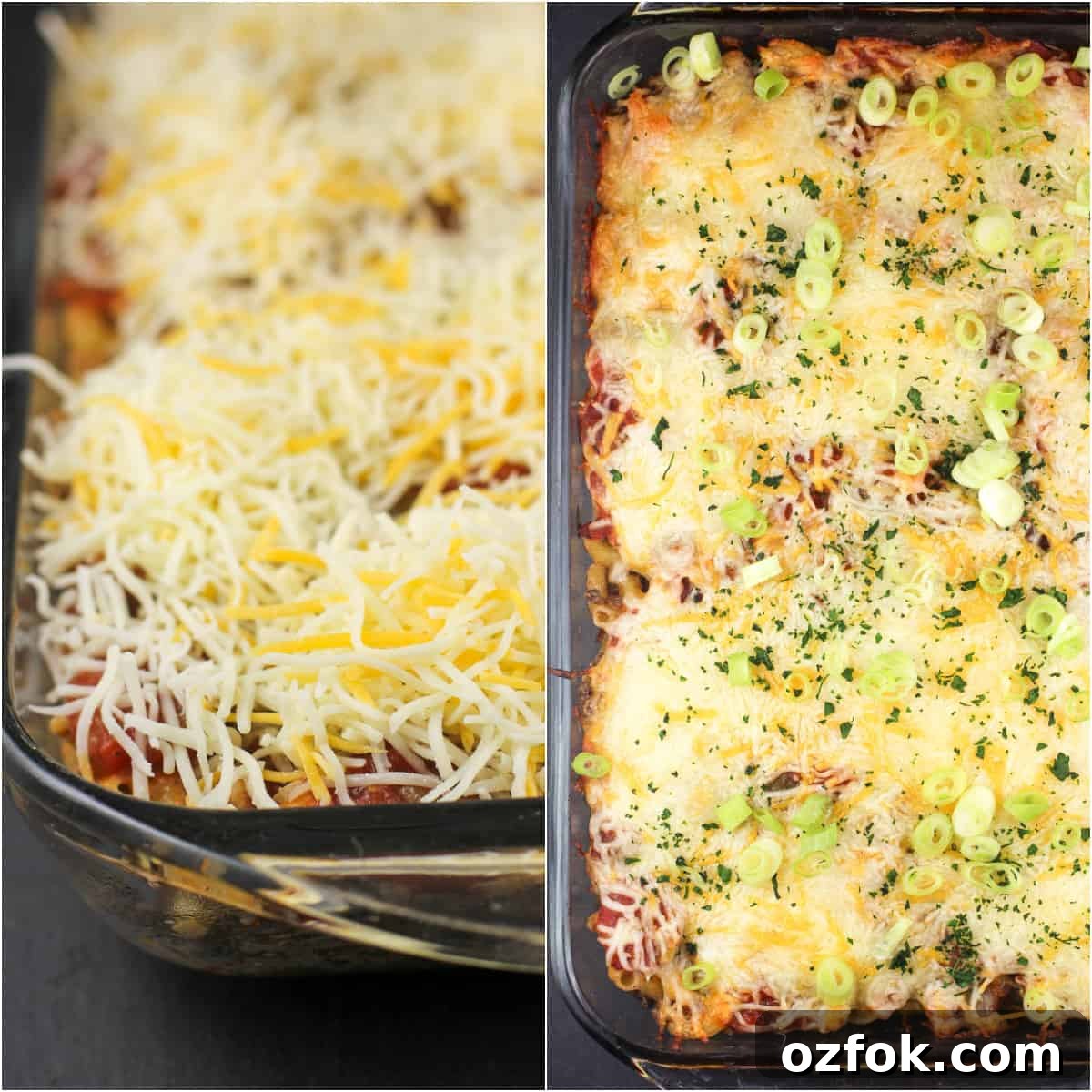Taco Beef and Macaroni Casserole: Cheesy One-Pan Dinner 6 collage of 2 photos: left, cheese topped casserole; right, cooked casserole