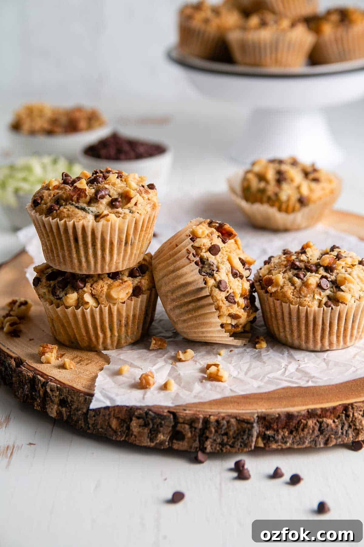 Gluten-Free Dairy-Free Zucchini Muffins Recipe 2 Gluten-free zucchini muffins with walnuts and chocolate chips strewn on a rustic wood platter.