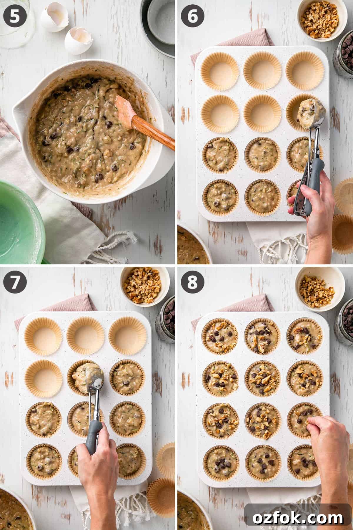 Gluten-Free Dairy-Free Zucchini Muffins Recipe 5 Muffin batter in bowl, scooping into muffin liners, sprinkling chocolate chips on top of batter.